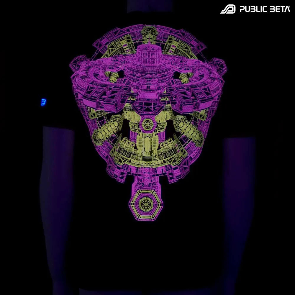 T-shirt with UV-reactive psychedelic print glowing under blacklight