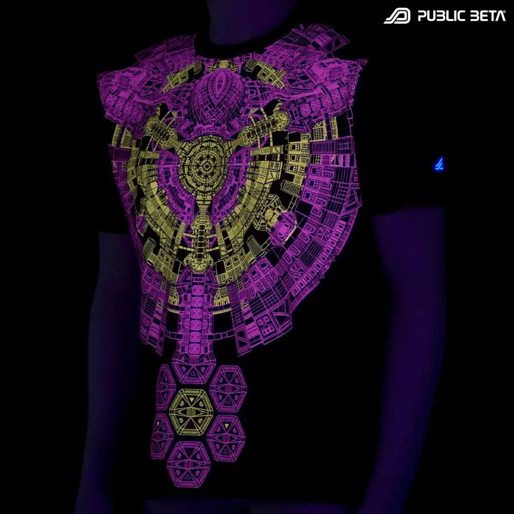 T-shirt with UV-reactive psychedelic print glowing under blacklight
