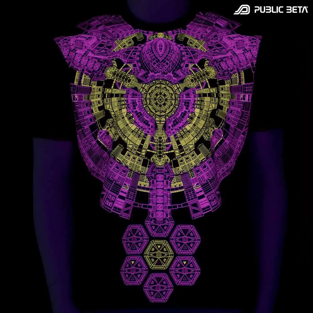 T-shirt with UV-reactive psychedelic print glowing under blacklight