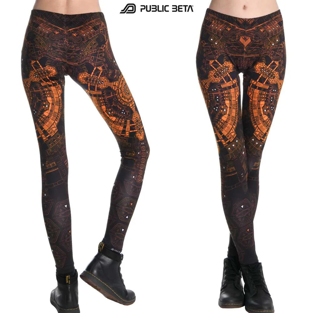 leggings with uv-reactive futuristic graphics shown in natural light