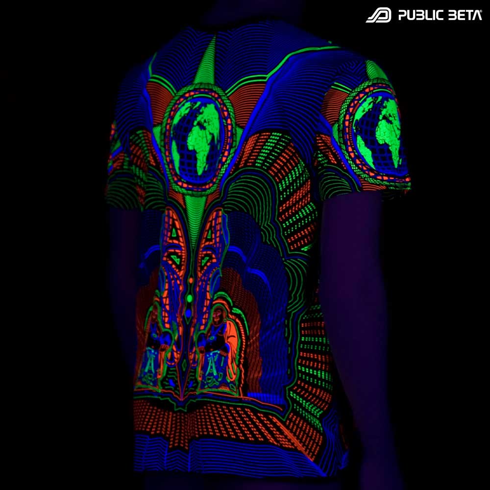 T-shirt with Earth Protector UV-reactive graphics glowing under blacklight