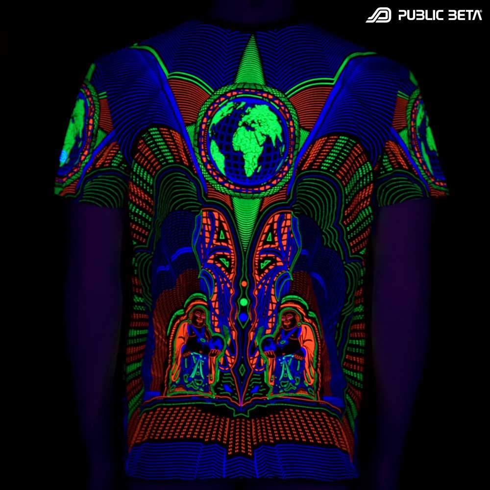 T-shirt with Earth Protector UV-reactive graphics glowing under blacklight