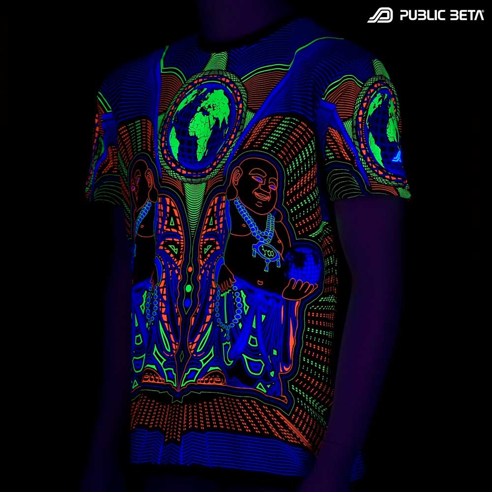 T-shirt with Earth Protector UV-reactive graphics glowing under blacklight