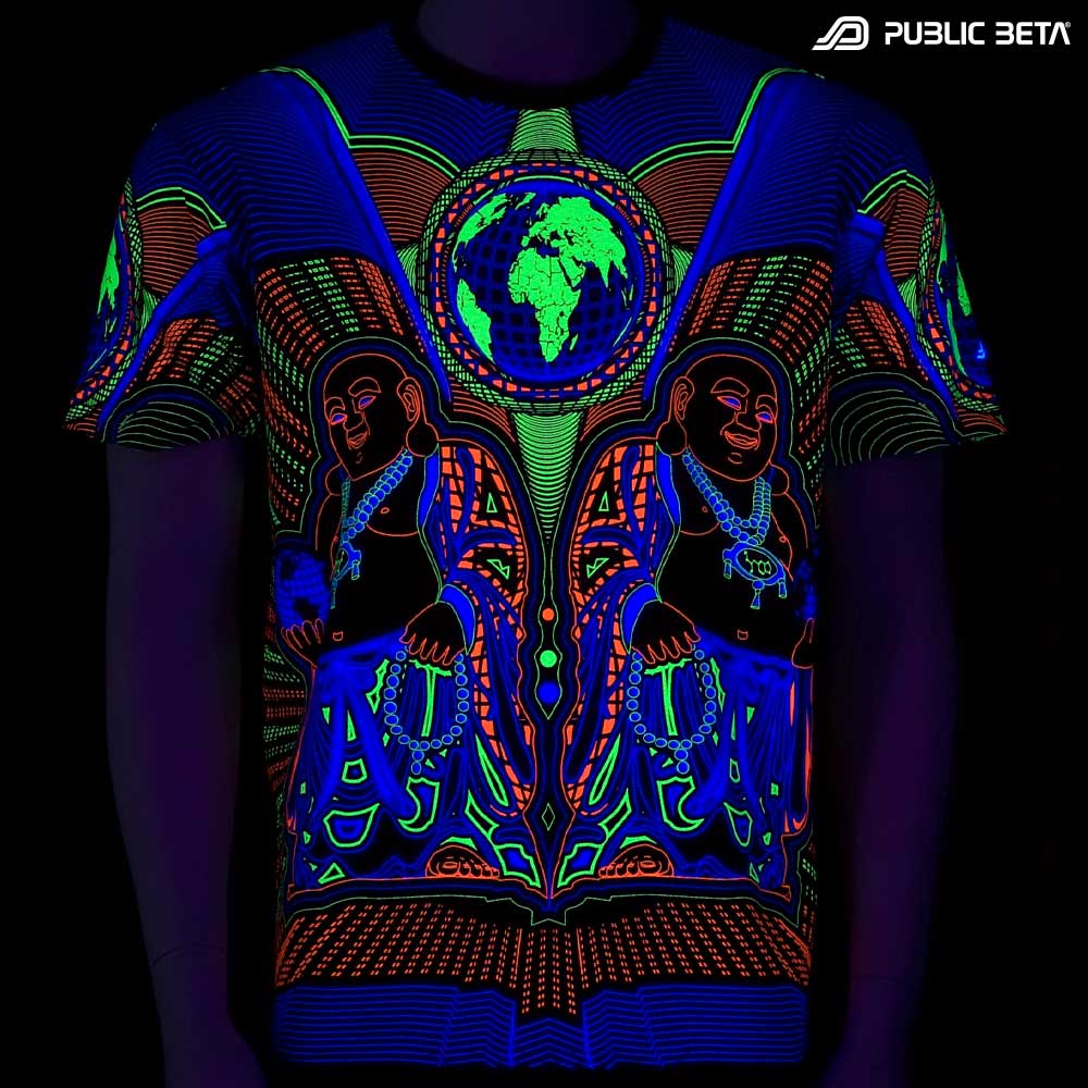 T-shirt with Earth Protector UV-reactive graphics glowing under blacklight