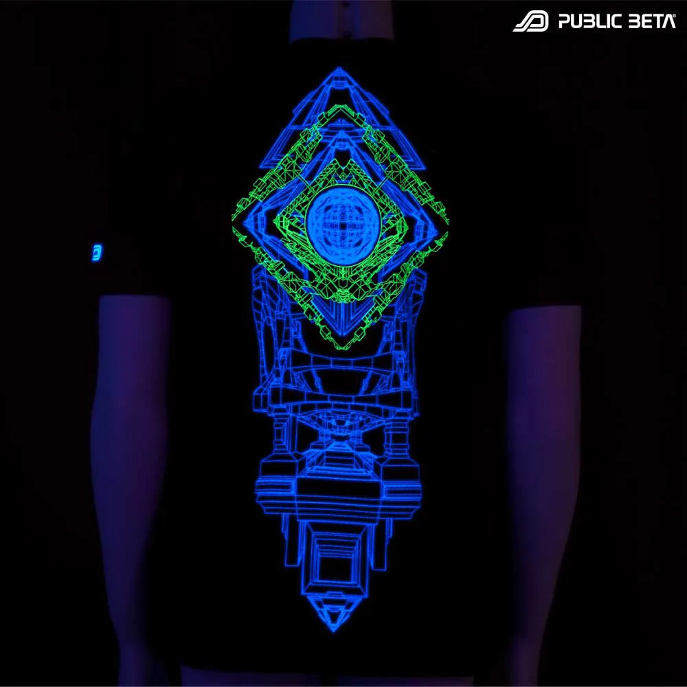 T-shirt with UV-reactive psychedelic print glowing under blacklight