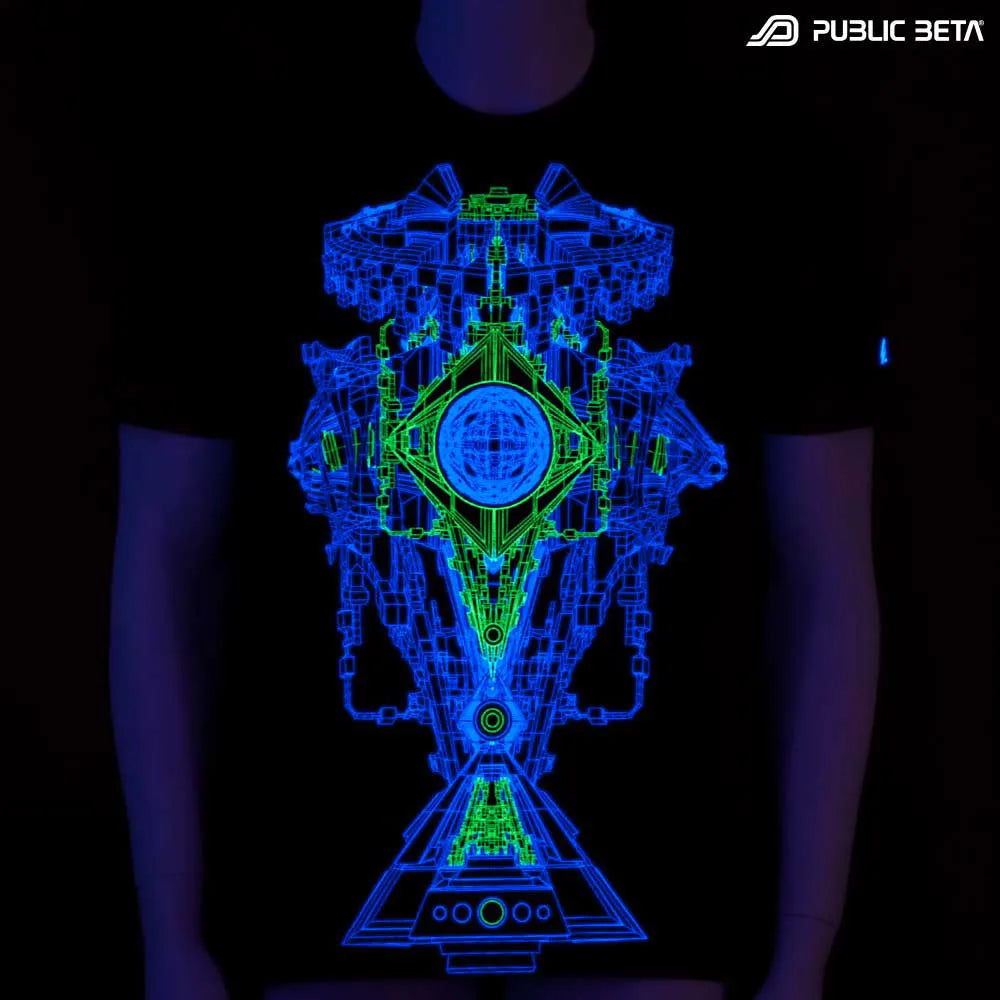 T-shirt with UV-reactive psychedelic print glowing under blacklight