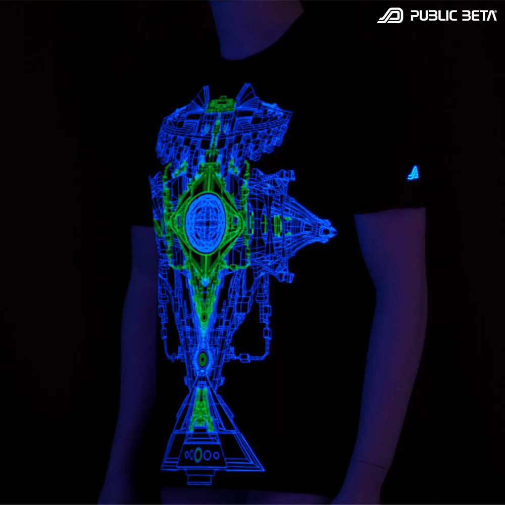 T-shirt with UV-reactive psychedelic print glowing under blacklight