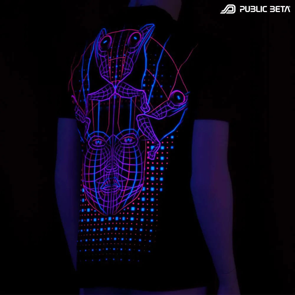 T-shirt with UV-reactive psychedelic art print glowing under blacklight