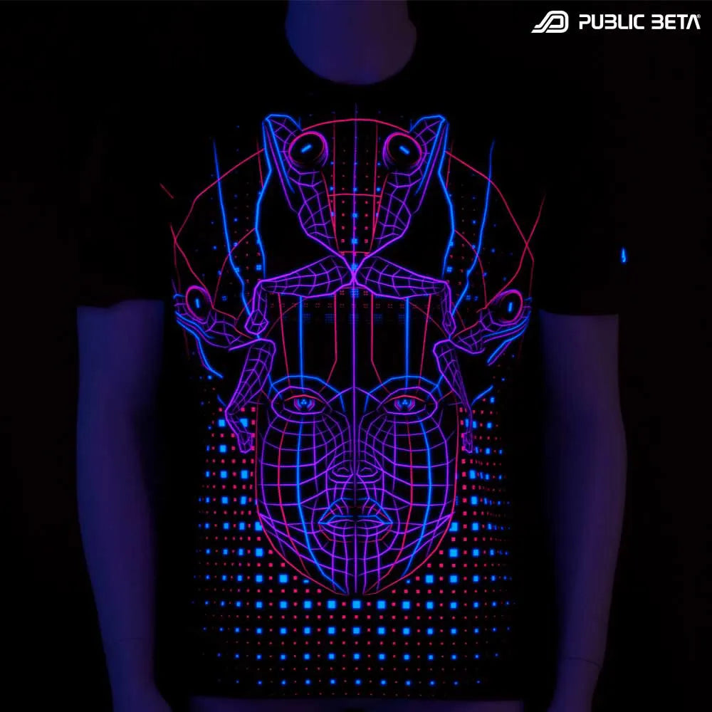 T-shirt with UV-reactive psychedelic art print glowing under blacklight