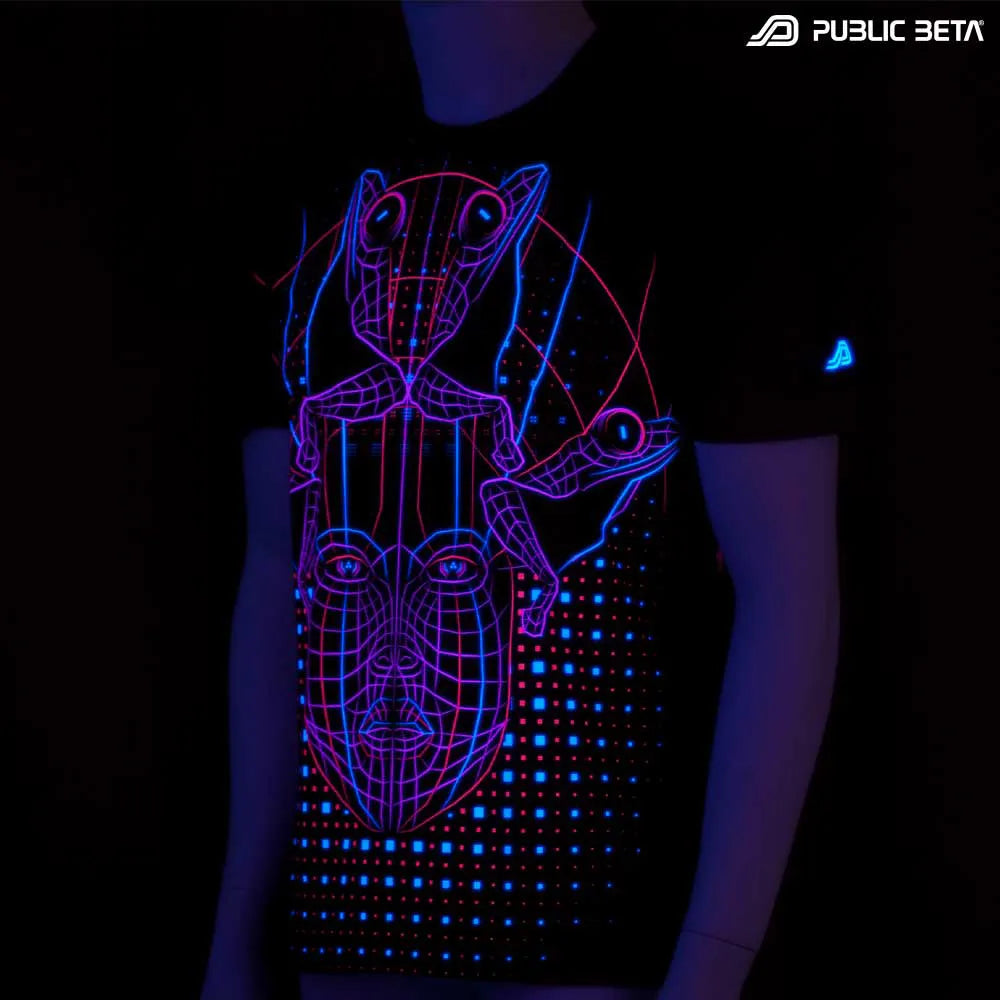 T-shirt with UV-reactive psychedelic art print glowing under blacklight
