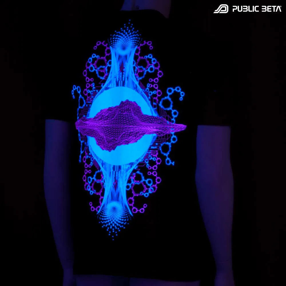 T-shirt with UV-reactive psychedelic print glowing under blacklight
