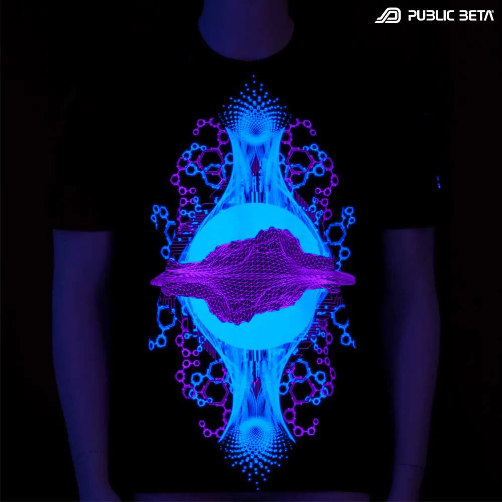 T-shirt with UV-reactive psychedelic print glowing under blacklight