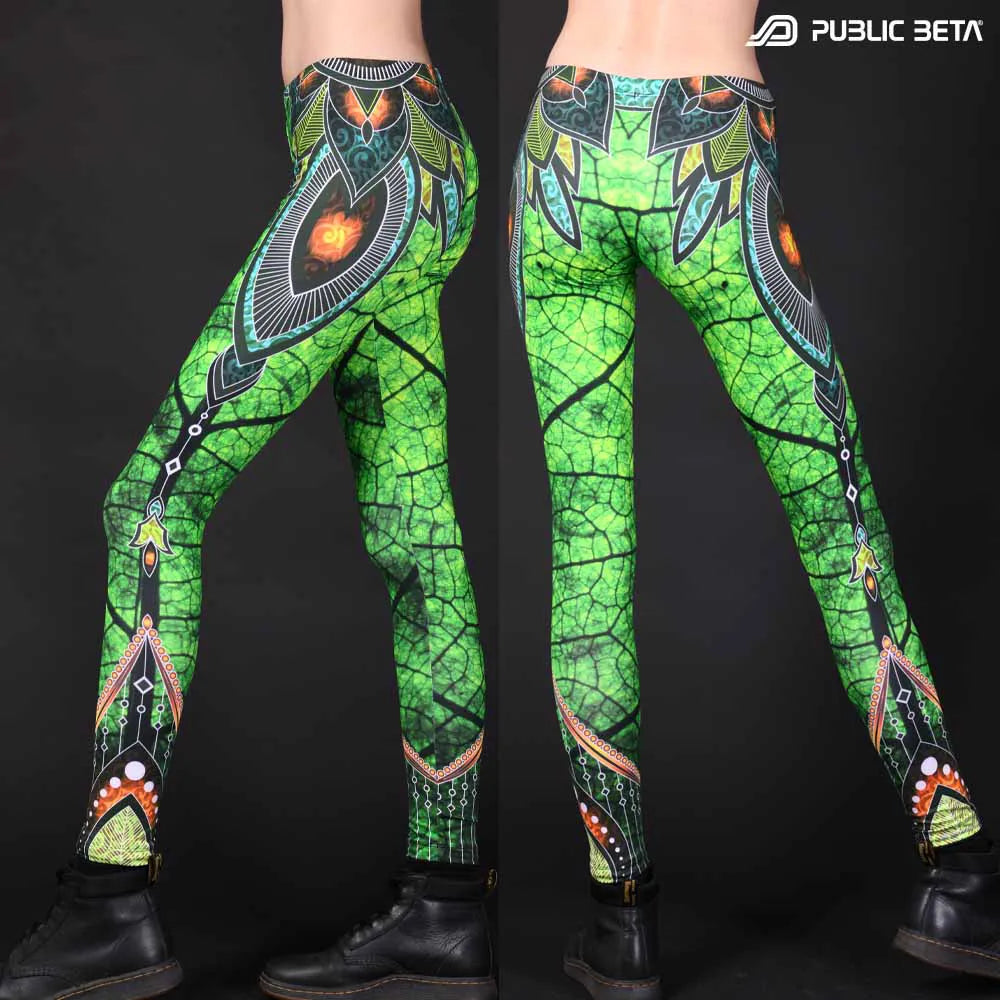Leggings with UV-reactive psychedelic art print, photographed in natural light