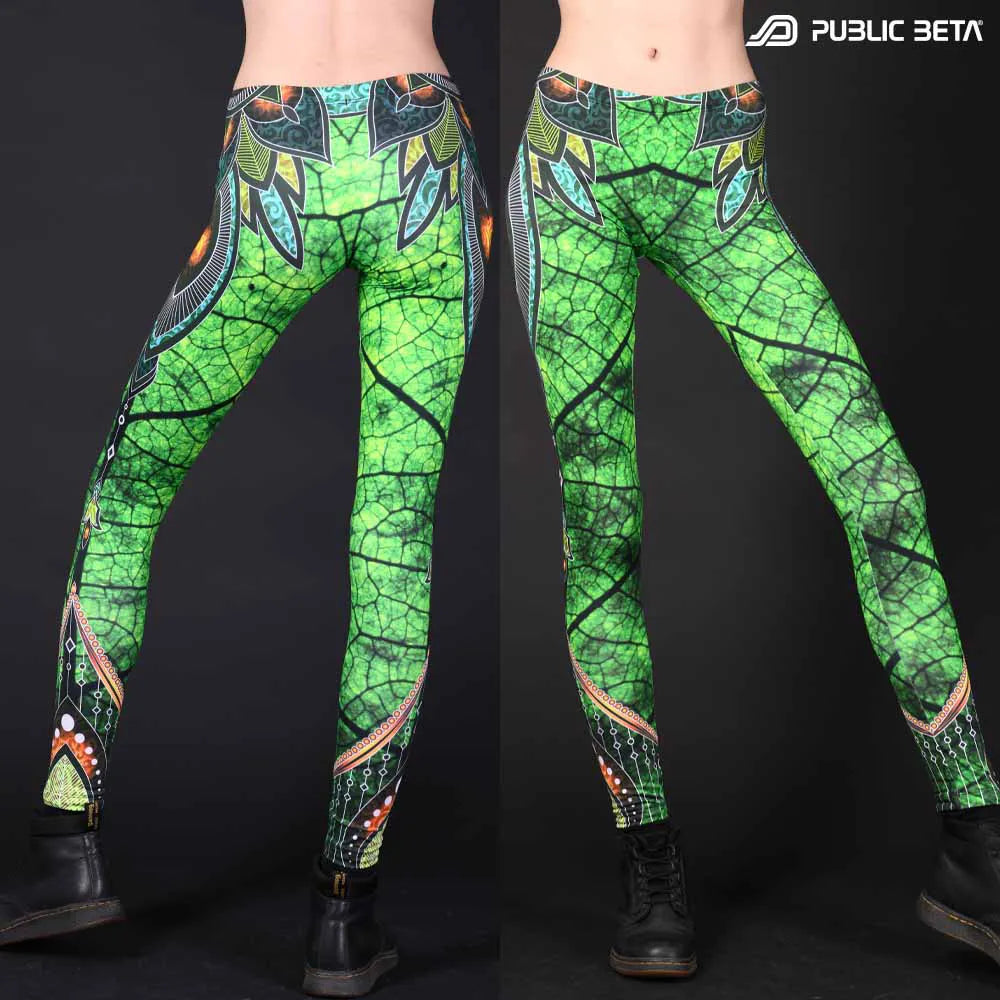 Leggings with UV-reactive psychedelic art print, photographed in natural light