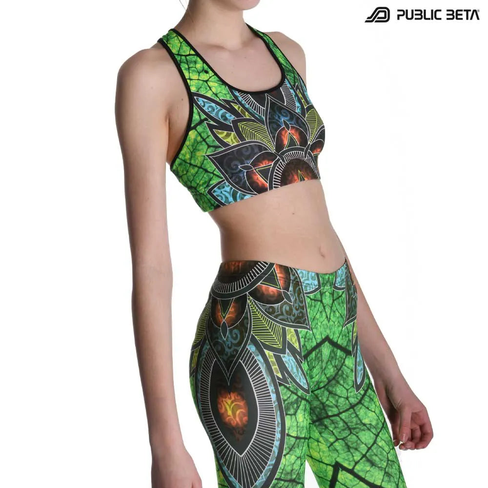 Active top with UV-reactive psychedelic art print 