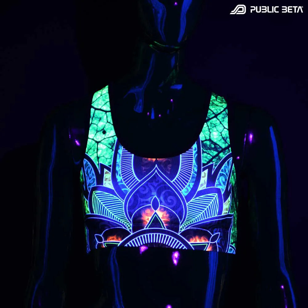 Active top with UV-reactive psychedelic art print glowing under blacklight