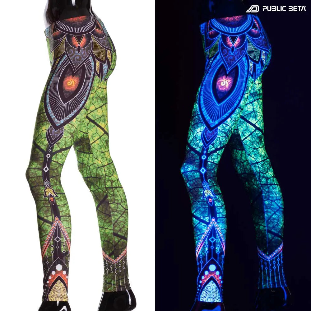 Split image of Leggings with UV-reactive psychedelic art print, photographed in natural light and glowing under blacklight