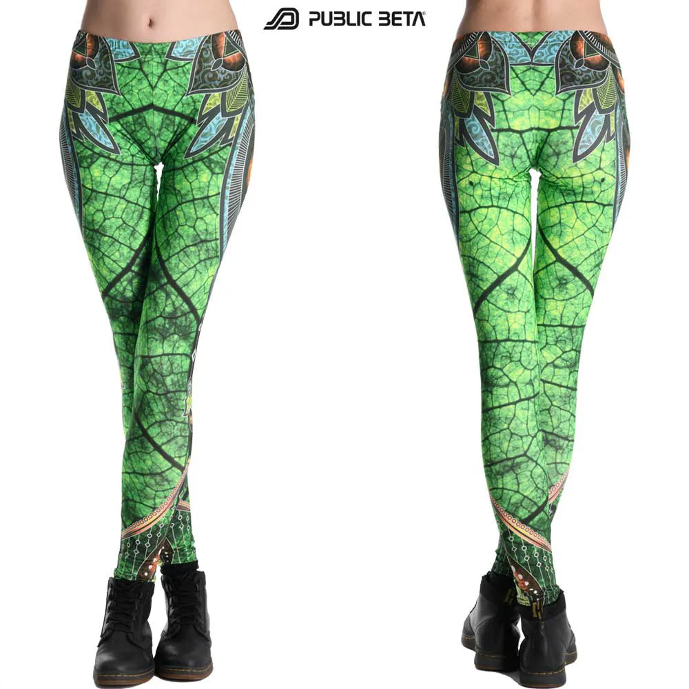 Leggings with UV-reactive psychedelic art print, photographed in natural light