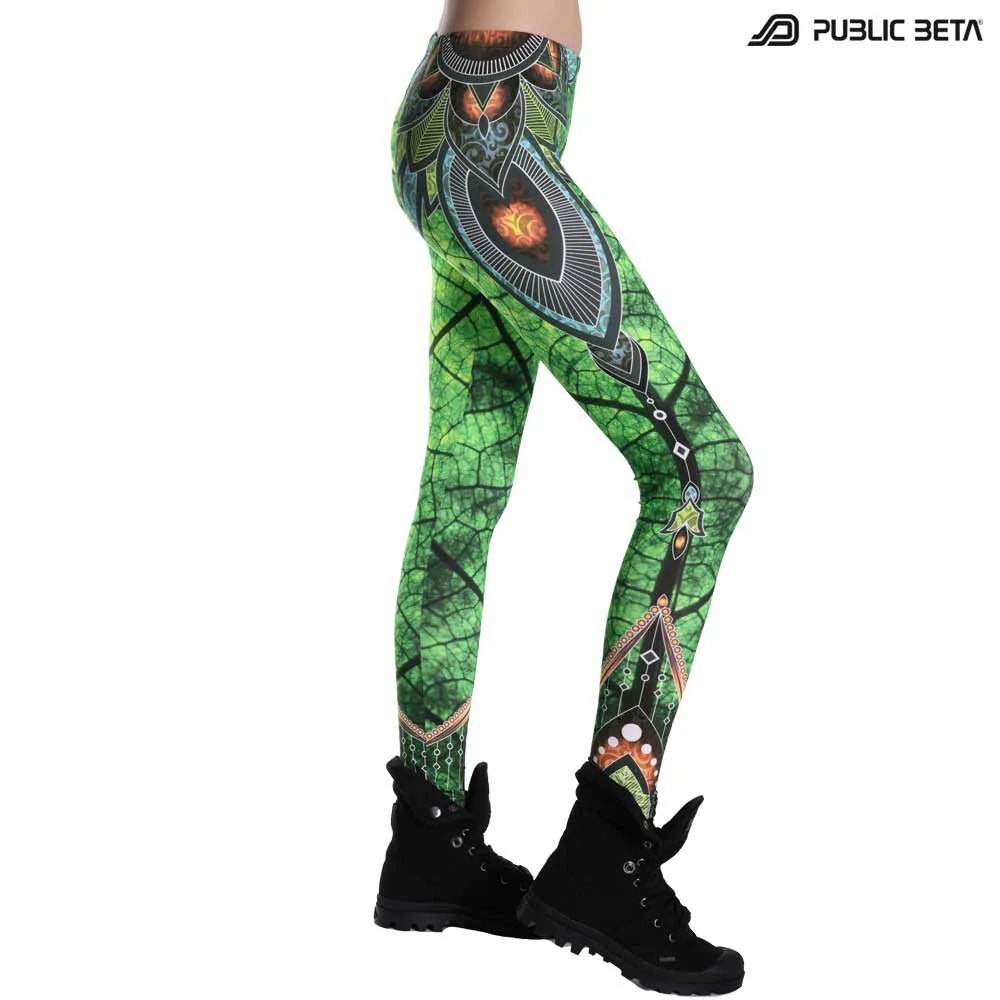 Leggings with UV-reactive psychedelic art print, photographed in natural light