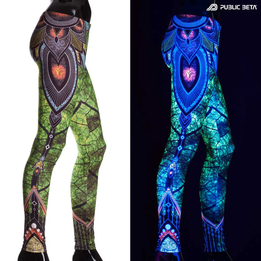 Split image of Leggings with UV-reactive psychedelic art print, photographed in natural light and glowing under blacklight
