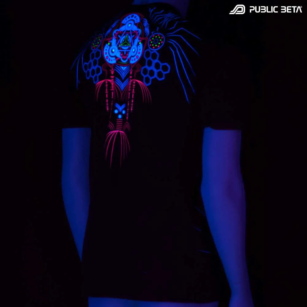 T-shirt with UV-reactive psychedelic print glowing under blacklight