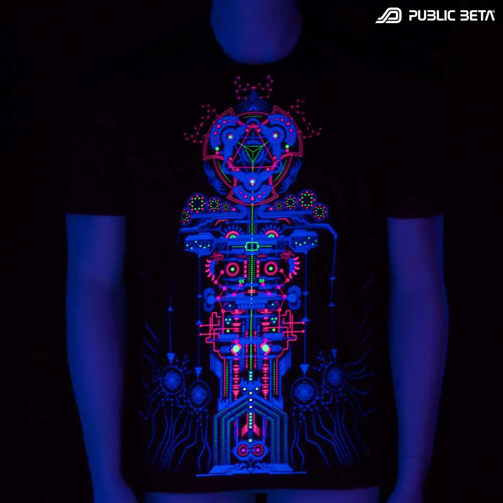 T-shirt with UV-reactive psychedelic print glowing under blacklight