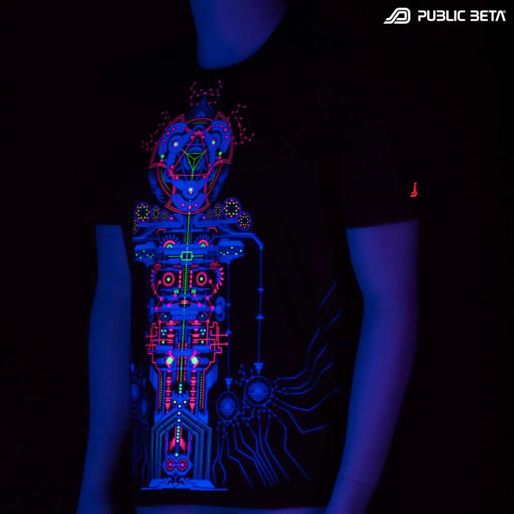 T-shirt with UV-reactive psychedelic print glowing under blacklight