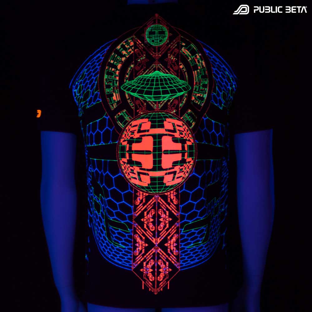 T-shirt with Activator UV-reactive graphics glowing under blacklight