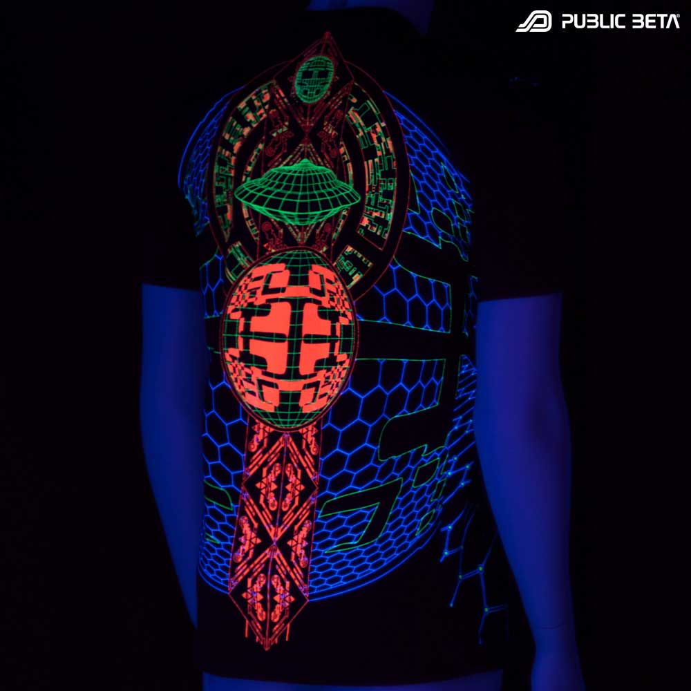 T-shirt with Activator UV-reactive graphics glowing under blacklight