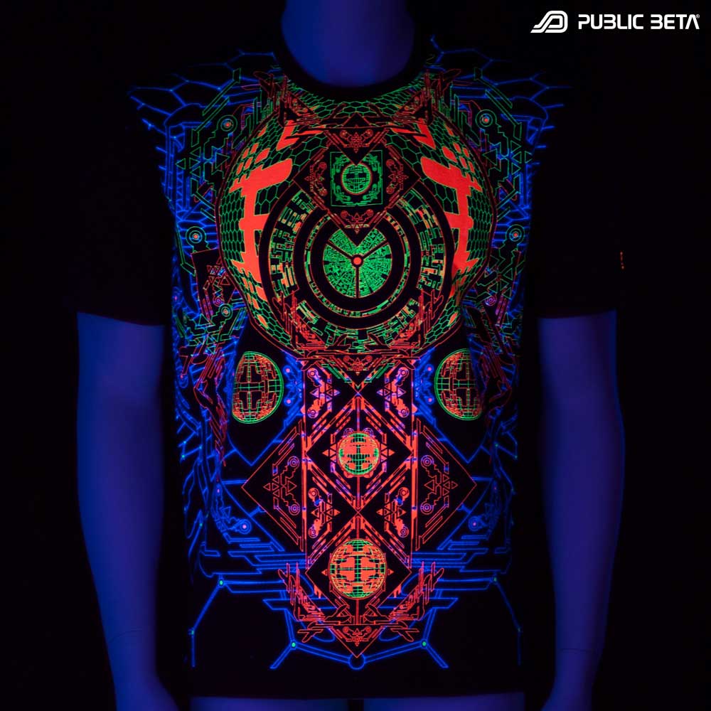T-shirt with Activator UV-reactive graphics glowing under blacklight