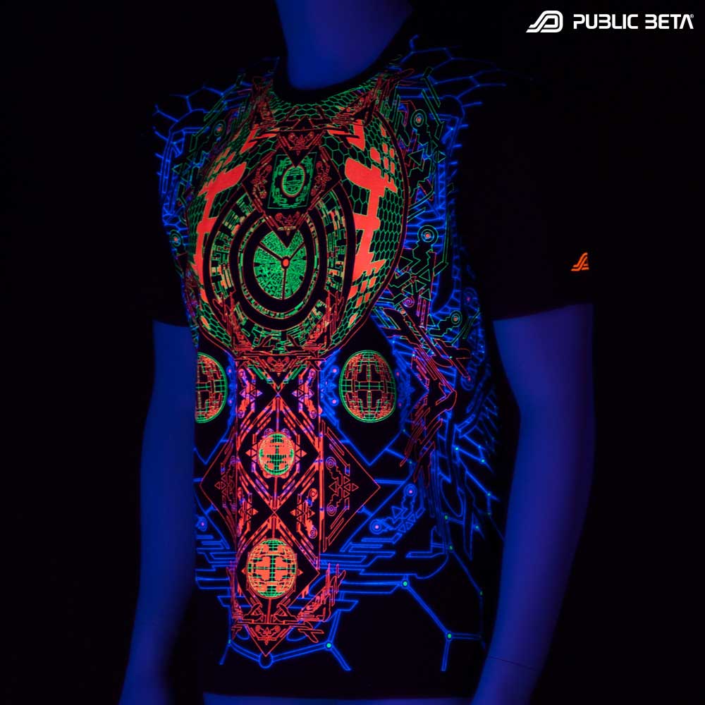 T-shirt with Activator UV-reactive graphics glowing under blacklight