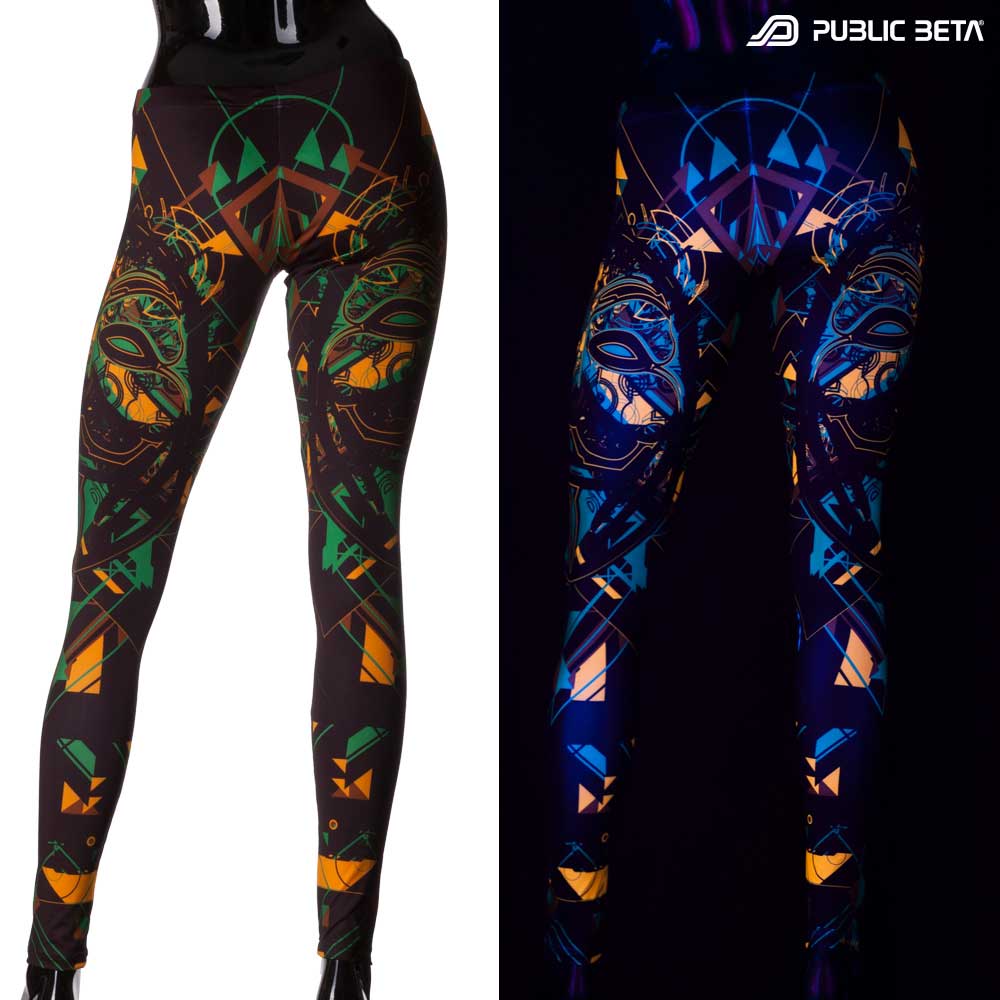 Split image of leggings with tribal mask print shown in natural light and glowing under blacklight