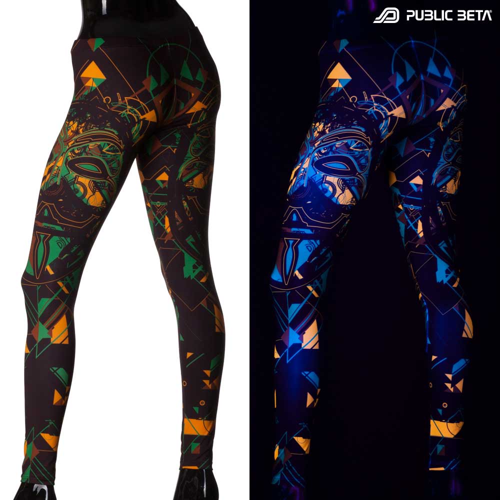 Split image of leggings with tribal mask print shown in natural light and glowing under blacklight