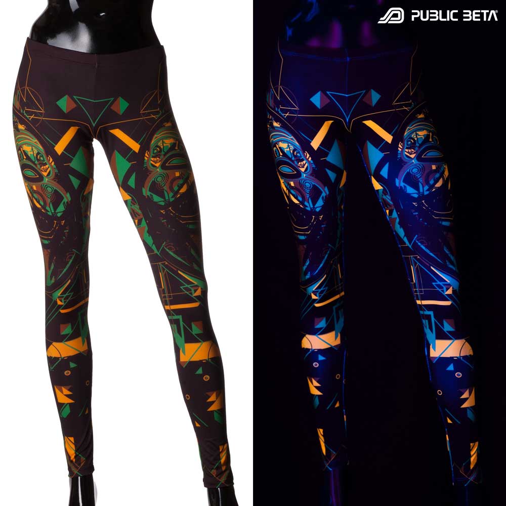 Split image of leggings with tribal mask print shown in natural light and glowing under blacklight