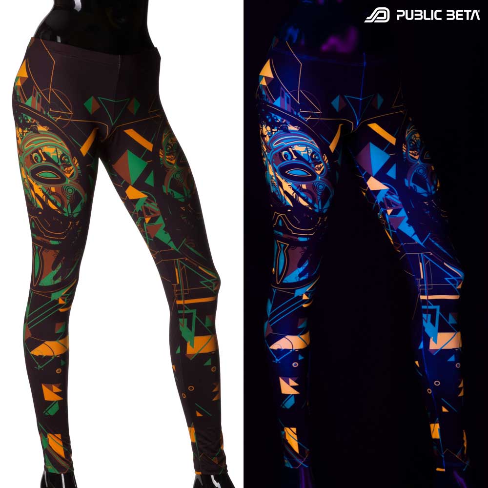 Split image of leggings with tribal mask print shown in natural light and glowing under blacklight