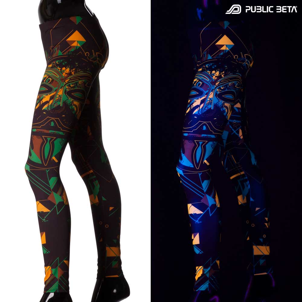 Split image of leggings with tribal mask print shown in natural light and glowing under blacklight