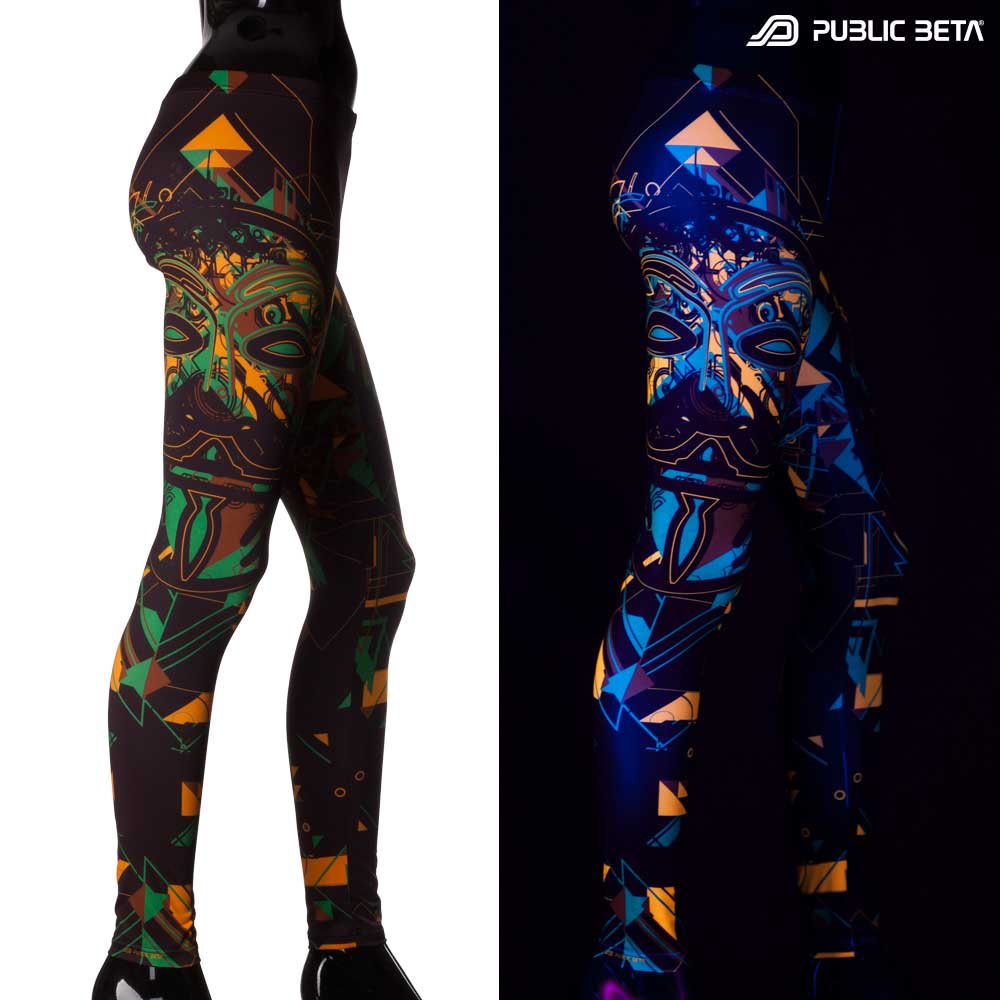 Split image of leggings with tribal mask print shown in natural light and glowing under blacklight