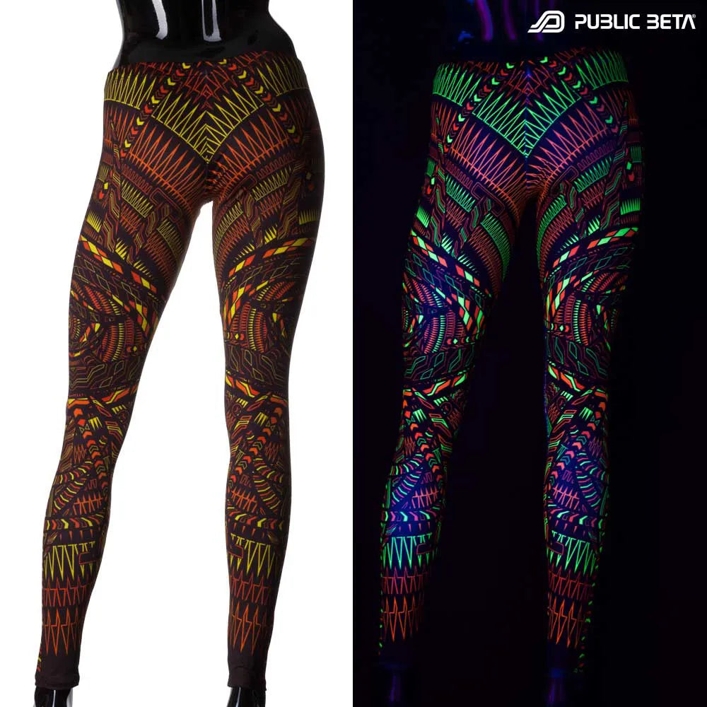 Split image of leggings with uv-reactive geometric print shown in natural light and glowing under blacklight