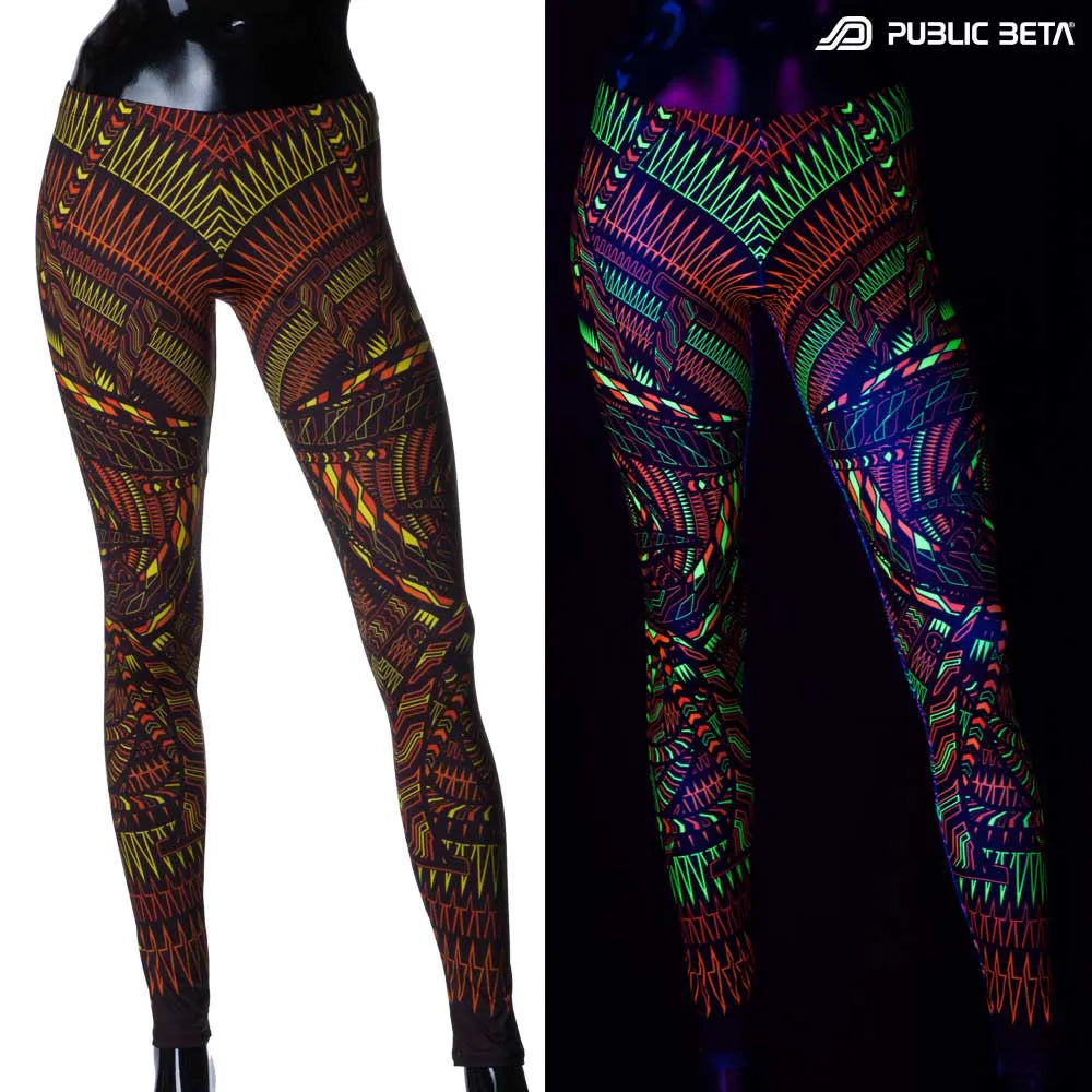 Split image of leggings with uv-reactive geometric print shown in natural light and glowing under blacklight