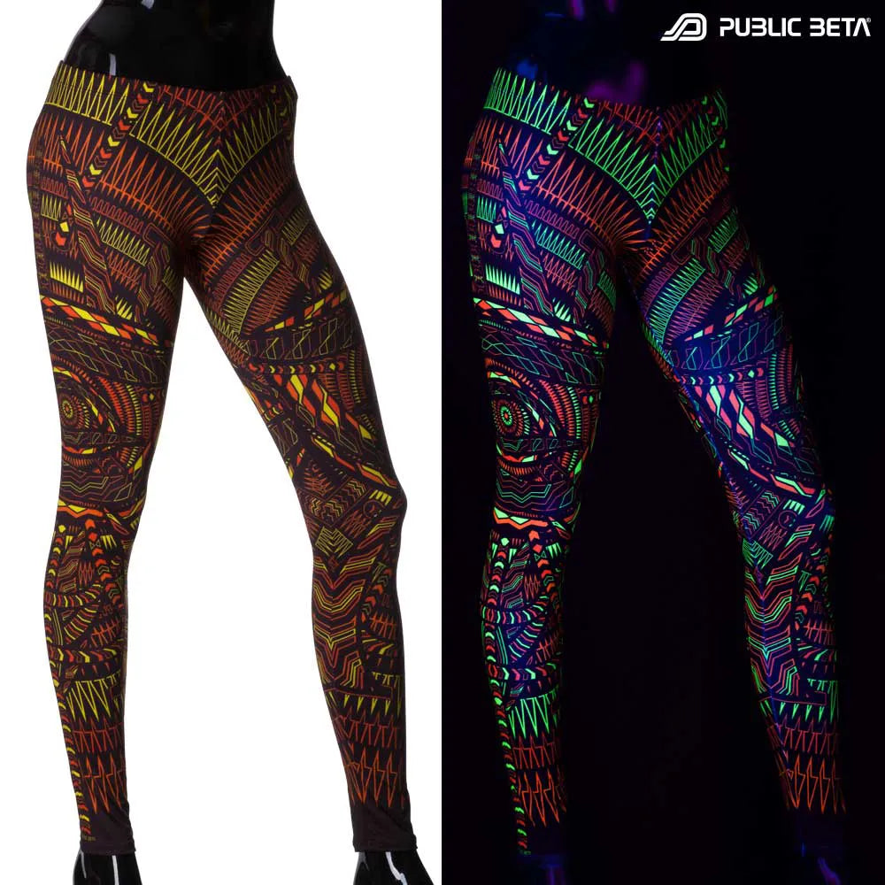 Split image of leggings with uv-reactive geometric print shown in natural light and glowing under blacklight
