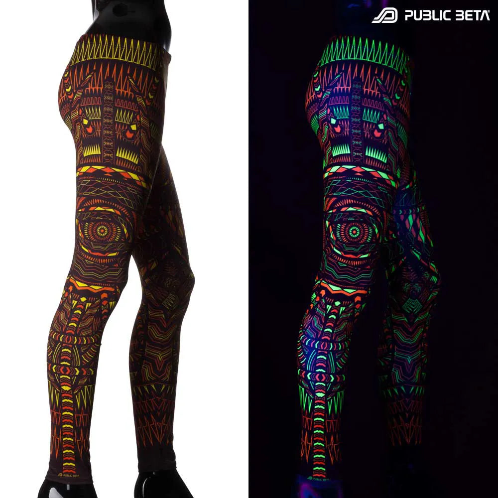 Split image of leggings with uv-reactive geometric print shown in natural light and glowing under blacklight