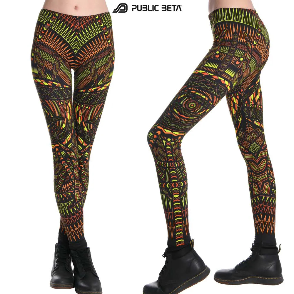 leggings with uv-reactive geometric print shown in natural light 