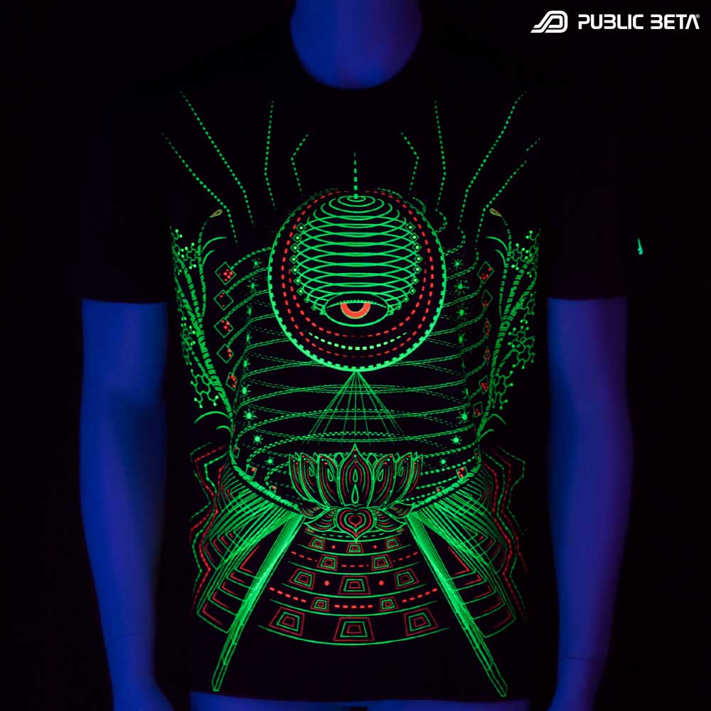 T-shirt with Lotus UV-reactive graphics glowing under blacklight