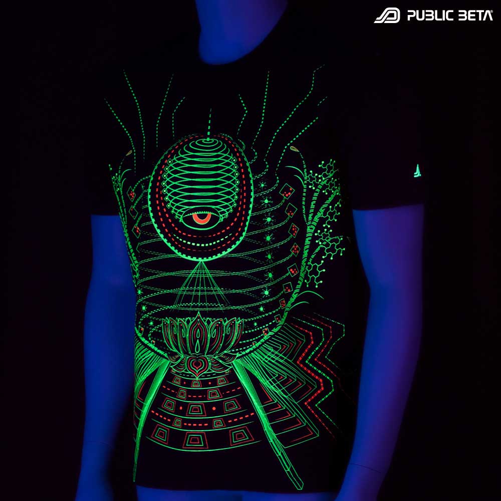 T-shirt with Lotus UV-reactive graphics glowing under blacklight