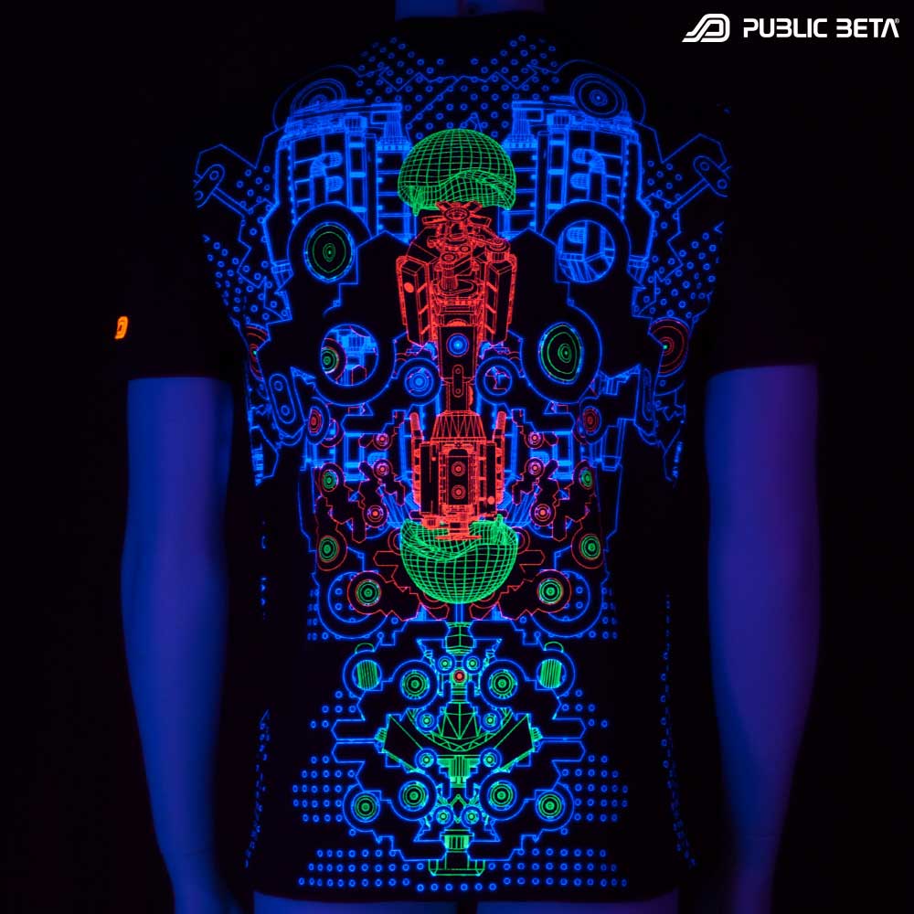 T-shirt with Hybrid UV-reactive graphics glowing under blacklight