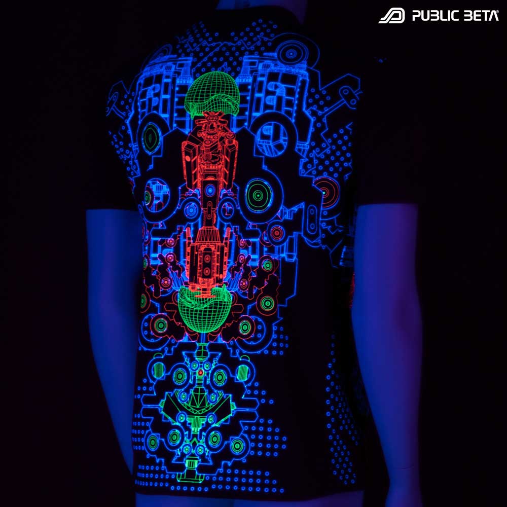 T-shirt with Hybrid UV-reactive graphics glowing under blacklight