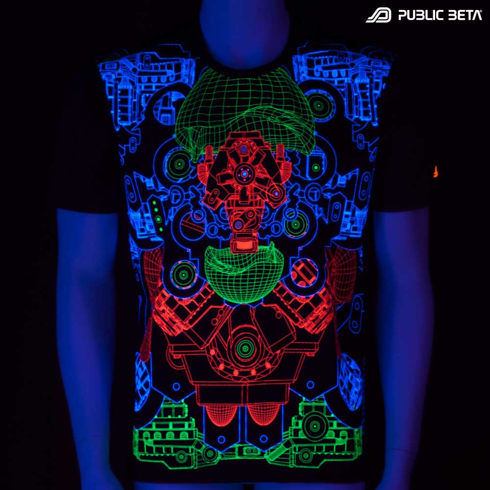 T-shirt with Hybrid UV-reactive graphics glowing under blacklight
