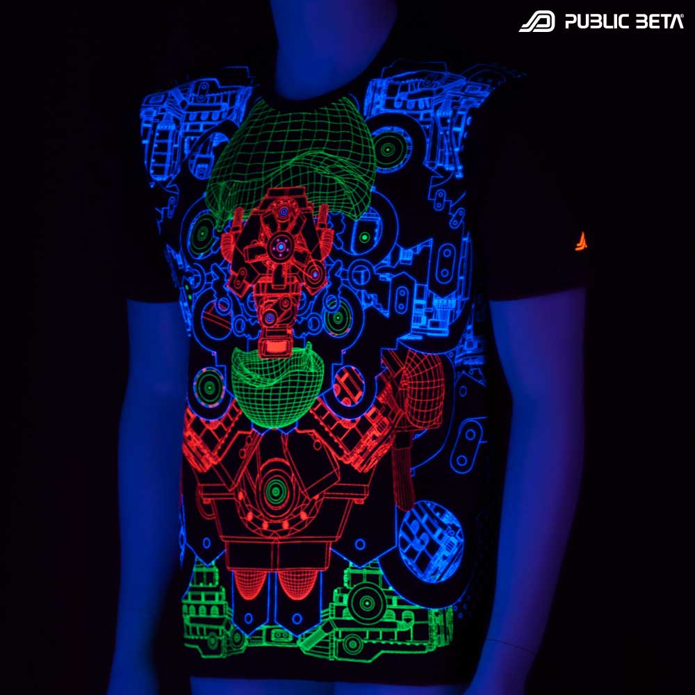 T-shirt with Hybrid UV-reactive graphics glowing under blacklight