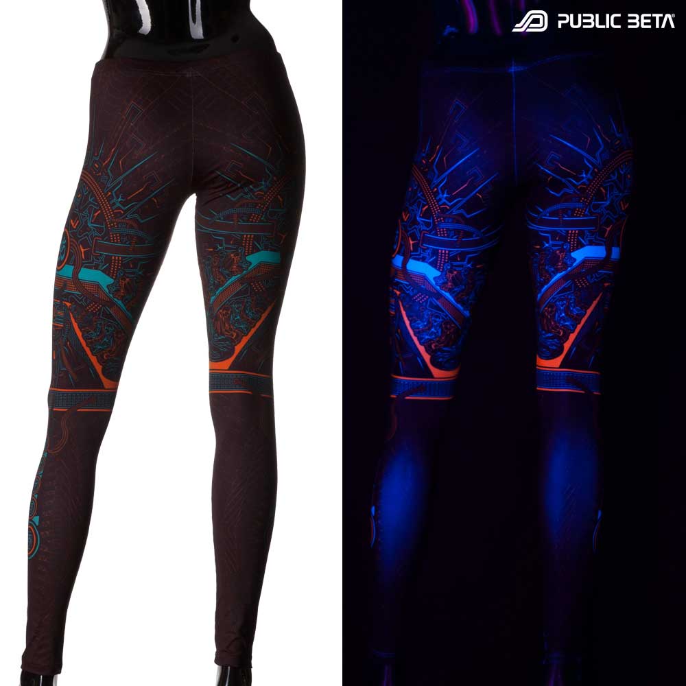 Split image of leggings with Om mantra symbol print shown in natural light and glowing under blacklight