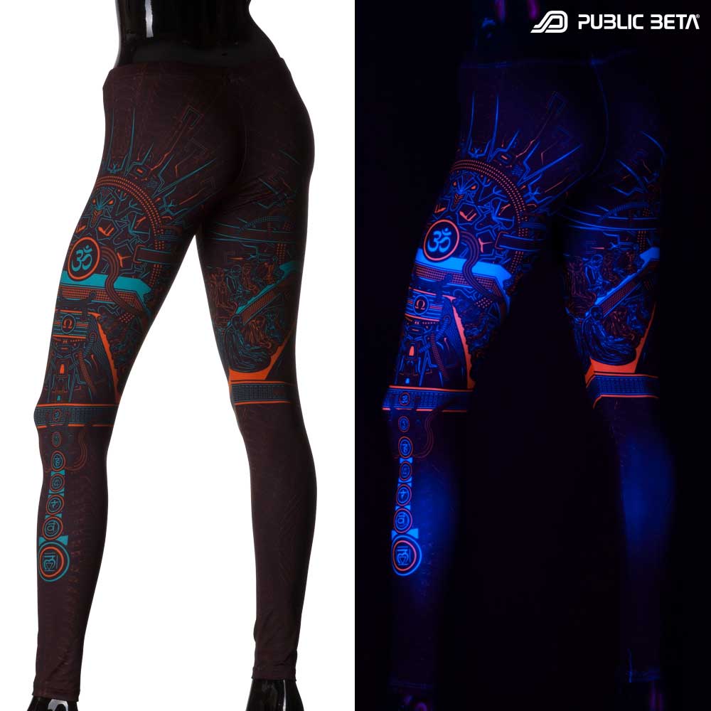 Split image of leggings with Om mantra symbol print shown in natural light and glowing under blacklight